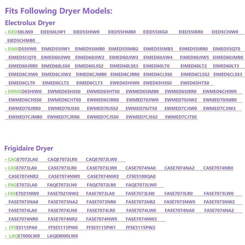 Compatibility chart for Dryer Heating Element Kit 134792700 With High Limit Thermostat 3204267 And Thermal Limiter 137032600 with Electrolux and Frigidaire models.