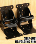 Three Piece Black Folding Table Braces With 180 Degree Self Lock Hinges showing two black steel folding hinges on wood