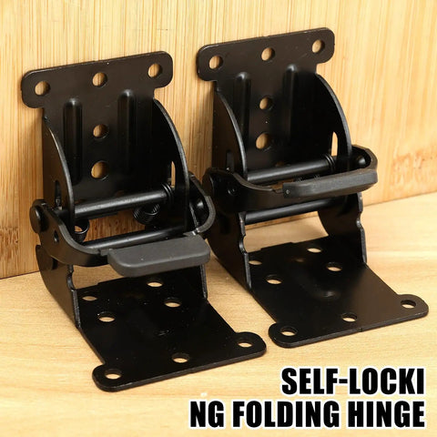 Three Piece Black Folding Table Braces With 180 Degree Self Lock Hinges showing two black steel folding hinges on wood