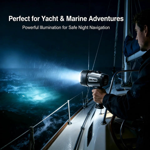 Person using Rechargeable Spotlight Flashlight With Beast Bright 42000 Candela Beam And 1400ft Range IP68 Waterproof LED Handheld Light on boat at night.
