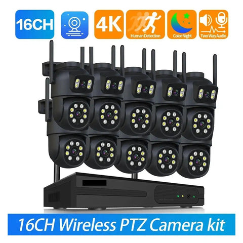 16CH Wireless PTZ Security Camera Kit with 4K resolution, featuring multiple cameras and a recorder for outdoor surveillance.