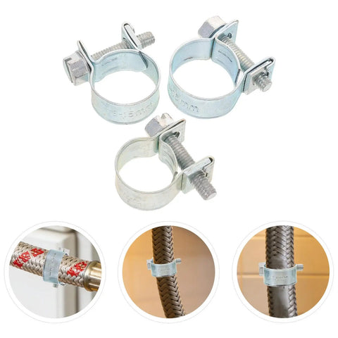 Top Tier Garozone Fuel Injection Hose Clamp Assortment Kit With 30 Metal Clamps In Small Sizes To Stop Fuel Leaks Ensure Tight Fit And Beat Oil Fumes For Any Petrol Pipe Vehicle Out There. Three silver metal hose clamps with braided fuel line fittings.