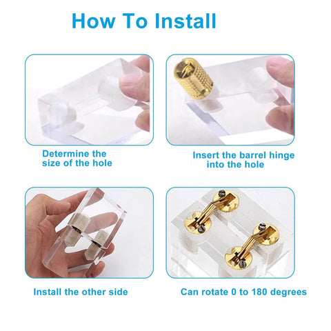 How to install 4 Pcs 12mm Invisible Brass Barrel Hinges with 180 Degree Opening, showing step-by-step installation in acrylic block.