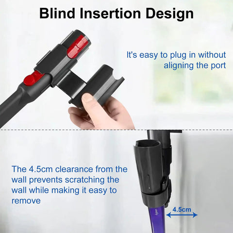 Two Pack Docking Station Wall Mount Storage Brackets showing blind insertion design for V7 to V15 vacuums with 4.5cm clearance.