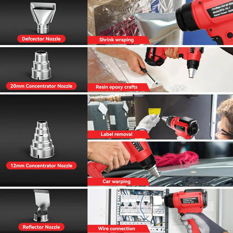 Cordless 18V Heat Gun With 350W Power And 1022 Fahrenheit High Temp Pro Grade Variable Temperature Control Hot Air Gun Kit With 4 Nozzles And Scraper for shrink tubing, PVC wrap, resin crafts, label removal, car wrapping, and wire connection.