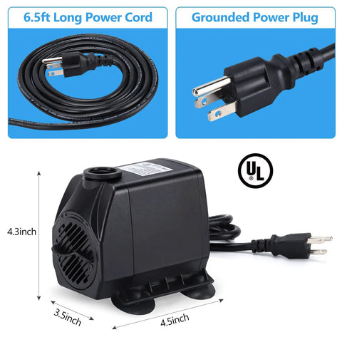 Image of 880GPH Submersible Fountain Pump With Six Point Five Foot Power Cord Ultra Quiet 60W Outdoor Water Pump For Aquarium Pond Fish Tank And Hydroponics Includes Three Nozzles For Backyard Fountains, showing dimensions and power cord.