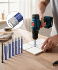 Front view of Geuoaoa 7-piece blue diamond drill bit set for ceramic tile; round shanks, shown drilling tiles.
