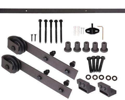 Components of 6.6 Ft Country Dark Coffee Steel Sliding Barn Door Hardware Set For Doors And Closets With Antique Finish