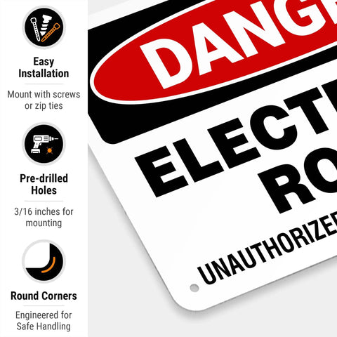 Hella Tough Aluminum Electrical Room Sign For Indoor And Outdoor Areas Killer Rust Proof Coating with pre-drilled holes and round corners.