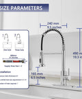 Diagram showing dimensions of Chrome Kitchen Faucet With Pull Out Sprayer, Commercial Spring Design, High Arc Spout, Single Handle