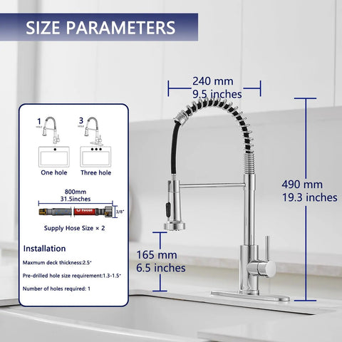 Diagram showing dimensions of Chrome Kitchen Faucet With Pull Out Sprayer, Commercial Spring Design, High Arc Spout, Single Handle