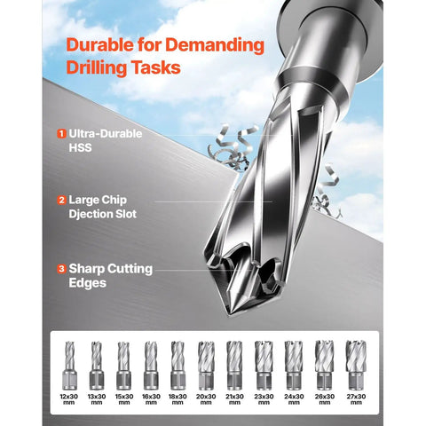 Professional Grade Magnetic Drill Press Delivering Knockout Power With 1400W Copper Motor And Rock Solid 2810 Lbs Magnetic Grip 1.6 Inch Core Drilling Capacity 11 HSS bits displayed on metal.
