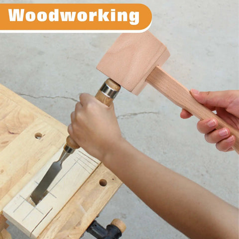 9.5 Inch Beech Wood Mallet For Do It Yourself Woodworking And Leather Craft Projects Handy Carpenter Hammer in use with chisel