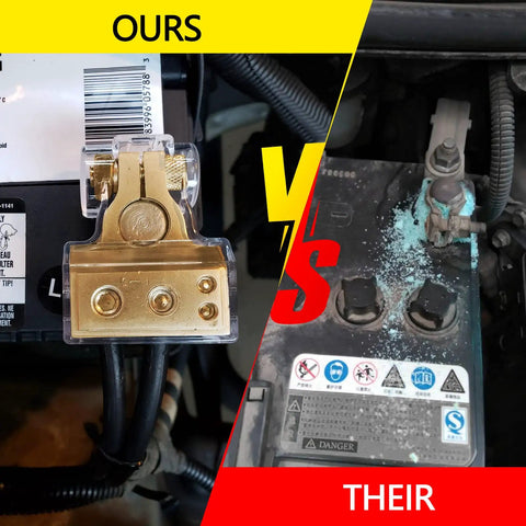 Comparison of Beefed-Up Heavy Duty Battery Terminal Connectors for car marine truck and motorcycle, clean vs corroded setup.