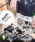 Top Shelf Router Bit Replacement Bearing Kit With Top Mounted Ball Guide For Dead Nuts Accuracy And Reliable Woodworking Swaps That Guarantee Smooth Sailing Always, displayed with a router.