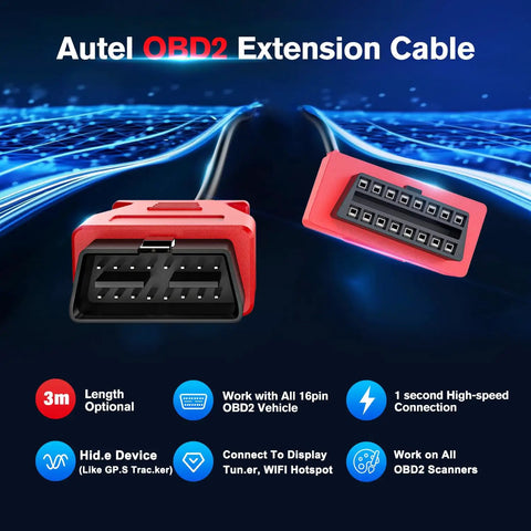 Close-up of OBD 2 Extension Cable 10ft 3M Ultra Long 16 Pin OBD II Male To Female Extension Cord displayed with features.