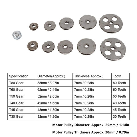 11Pcs Dope Mini Lathe Gear Set With 17 Teeth Motor Pulleys For Metal Cutting Machines, shown with specifications table