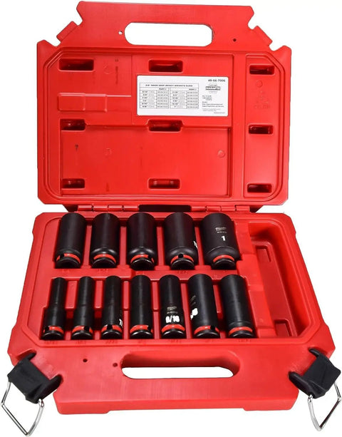 Heavy Duty Three Eighths Inch Drive Socket Set, Twelve Piece SAE Deep Six Point Impact Sockets, DP Series with red case