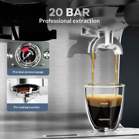 Semi Automatic Espresso Machine With Built In Grinder And Steam Milk Frother 20 Bar Pressure Pump showcasing espresso extraction into glass.