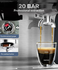 Kickstart Your Daily Grind With This 20 Bar Semi Automatic Espresso Machine Featuring A Built In Grinder And Automatic Milk Frother Generous 95 Oz Water Tank For Reliable Home Barista Brewing showing espresso extraction with pressure gauge.