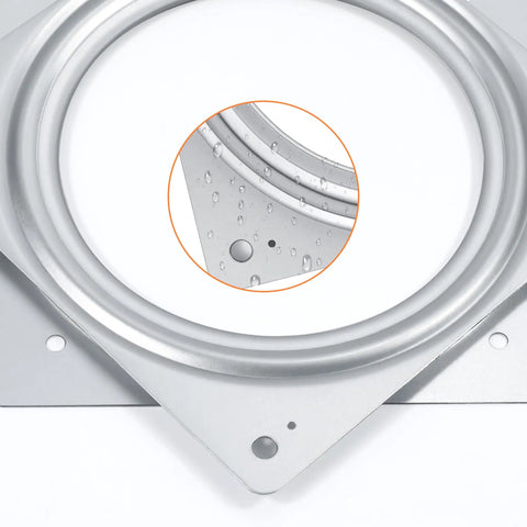 Heavy Duty 6 Inch Square Lazy Susan Bearing For Smooth Rotation Zinc Plated Rust Resistant Turntable Hardware Low Profile Design For Kitchen Cabinets Shelves And DIY Projects 500 Lb Capacity, close-up on zinc plated corner