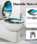 Elongated Palms tropical beach Toilet Seat displayed on a toilet, showcasing durable resin material and soft-close hinges.