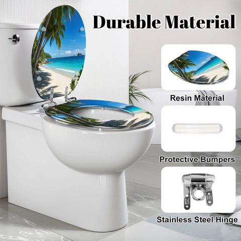 Elongated Palms tropical beach Toilet Seat displayed on a toilet, showcasing durable resin material and soft-close hinges.