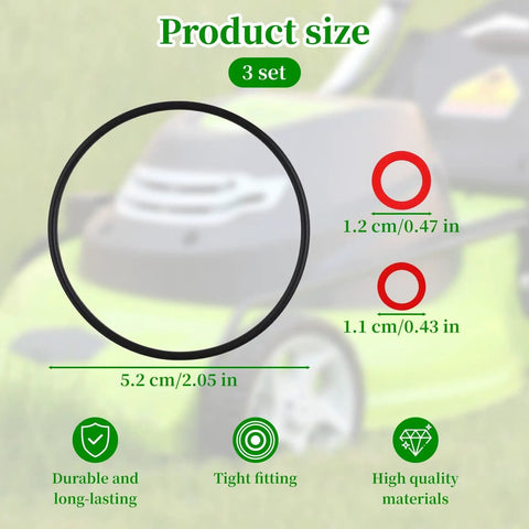 Three Piece Black Carburetor Float Bowl Gasket Kit With Replacement Washers For Engines GX120 GX160 GX200 GXV120 GXV140 GXV160 Durable Rubber And Paper Pad Seal Set For Tight Leaks And Long Service Life shown with size and material icons