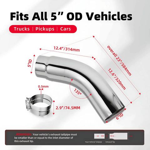 5 Inch Diesel Exhaust Tip Elbow With Clamps, 5 To 6 Inch Chrome Polished Exhaust Tip For Pickup Truck Car SUV installation guide