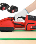 Dual Motor Electric Strapping Machine With 2x4000mAh Battery Built To Last Heavy Duty Tension Up To 3800N Fast Budget Friendly Easy Tightening For Pallets Strapping Made Simple, red handheld unit with 2x4000mAh batteries on PP strap