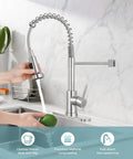 Smooth Operator Pull Down Kitchen Faucet With Brushed Nickel Finish in use, showcasing 360-degree swivel spout with dual spray head.