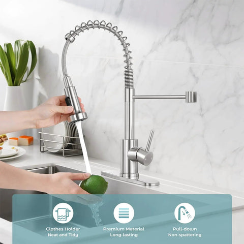 Smooth Operator Pull Down Kitchen Faucet With Brushed Nickel Finish in use, showcasing 360-degree swivel spout with dual spray head.