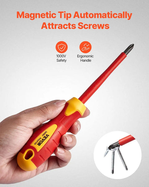 Top Shelf 12 Piece Insulated Screwdriver Set For Pro Electricians Featuring Badass Magnetic Phillips Slotted Tips 1000V Vde Certified Tools with a close-up of the magnetic tip screwdriver.