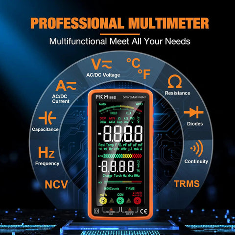 Handy Digital Multimeter With Auto Ranging And Smart Mode 6000 Count TRMS Rechargeable Voltmeter with LCD on circuit board.