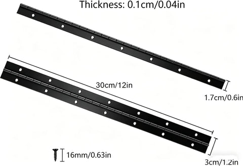Heavy Duty Black Piano Hinges 12 Inch Continuous Cabinet Door Hardware With Screws For Boats And Storage Chests Surface Mount No Sweat Assembly Beast Mode Strength measuring 30cm in length with screw details.
