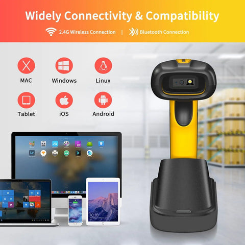Industrial Bluetooth Barcode Scanner With Charging Dock shown with compatibility to Mac, Windows, Linux, iOS, Android devices in warehouse