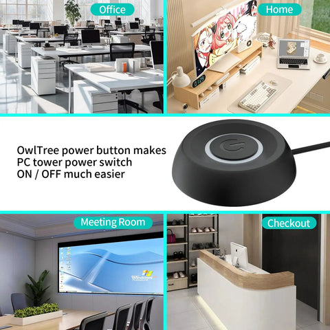 External Desktop PC Power Button Switch With LED Easy Install Power On Off Button Extension Cable For Computer Motherboard And DIY PC Builds In Hard To Reach Setups No Brainer black round desk switch shown in office and home