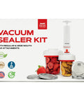 Mason Jar Vacuum Sealer Accessory Set With Cordless Hand Pump For Regular And Wide Mouth Jars box with sealed fruit jars.