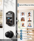 Fingerprint Door Lock With Keyless Entry Electronic Keypad Deadbolt No Fuss Setup Auto Lock 4 Unlock Methods 20 Fingerprints 20 Codes 2 Backup Keys One Time PINs Smart Front Door Lock Oil Rubbed Bronze installed on a door shown with a close-up of control panel and icons displaying unlock methods.