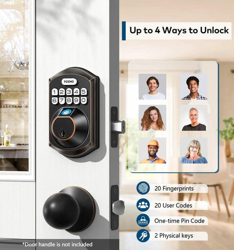 Fingerprint Door Lock With Keyless Entry Electronic Keypad Deadbolt No Fuss Setup Auto Lock 4 Unlock Methods 20 Fingerprints 20 Codes 2 Backup Keys One Time PINs Smart Front Door Lock Oil Rubbed Bronze installed on a door shown with a close-up of control panel and icons displaying unlock methods.