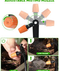 Effortless Drip Irrigation Kit With Forty Feet Of One Half Inch Mainline And One Hundred Feet Of One Quarter Inch Tubing, adjustable emitters and misting sprayer nozzle closeup.