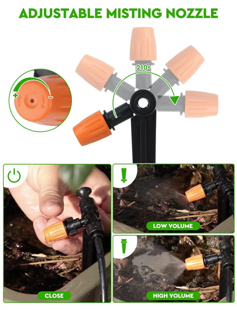Effortless Drip Irrigation Kit With Forty Feet Of One Half Inch Mainline And One Hundred Feet Of One Quarter Inch Tubing, adjustable emitters and misting sprayer nozzle closeup.