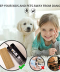 Large Wood Grain Cable Management Box To Hide Wires And Power Strips near child and dog with clips and ties, safe use