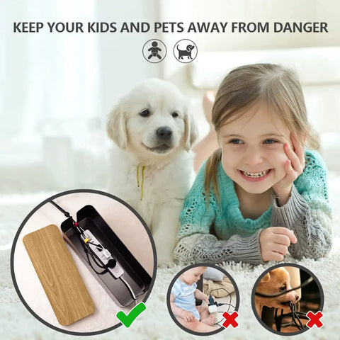 Large Wood Grain Cable Management Box To Hide Wires And Power Strips near child and dog with clips and ties, safe use