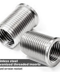 Close-up of stainless steel galvanised threaded inserts for Spark Plug Thread Repair Kit With M10 X 1.0 Bolt And M12 X 1.0 Tap