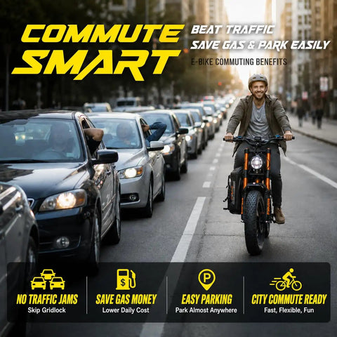 Heavy Hitter Adult Electric Bike With 52 Mph Dual Motors and Super Long Range riding through traffic, showcasing urban commuting benefits.