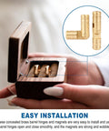 Brass Hidden Cylinder Hinges And Round Magnets Pack shown installed in a small wooden jewelry box, demonstrating a secure lid closure.