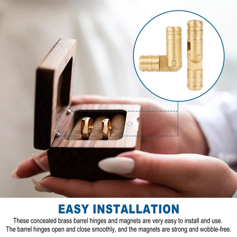 Brass Hidden Cylinder Hinges And Round Magnets Pack shown installed in a small wooden jewelry box, demonstrating a secure lid closure.