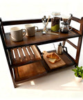 3 Tier Bamboo Matcha Station Organizer For Kitchen Countertop And Tea Bar with cups and accessories, wooden finish