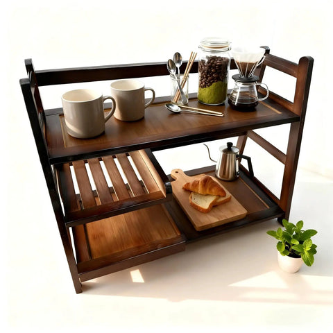 3 Tier Bamboo Matcha Station Organizer For Kitchen Countertop And Tea Bar with cups and accessories, wooden finish
